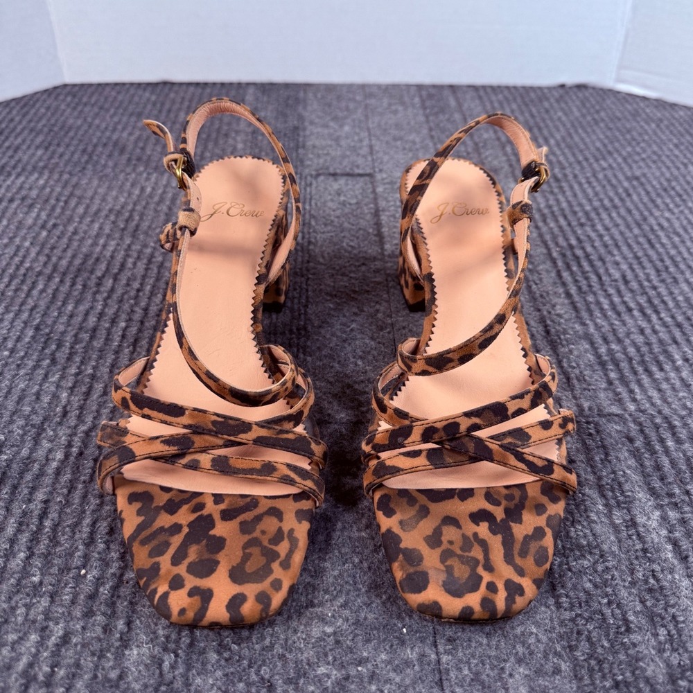 J.Crew Leopard Print Suede Strappy Block Heel Sandals Brown Tan Size 5.5
